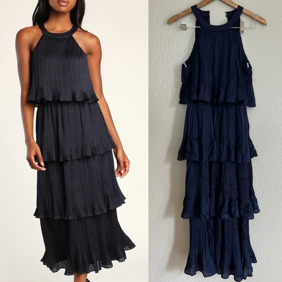 Tier and Far Navy Blue Tiered Pleated Halter Midi Dress - Picture 1 of 7